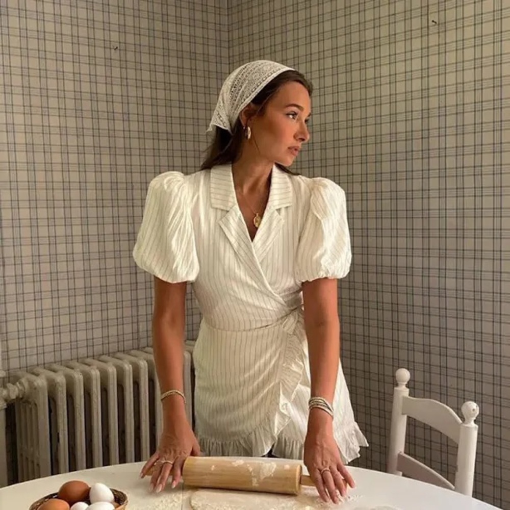 WeWoreWhat Puff Sleeve Wrap Dress in Ivory Pinstripe